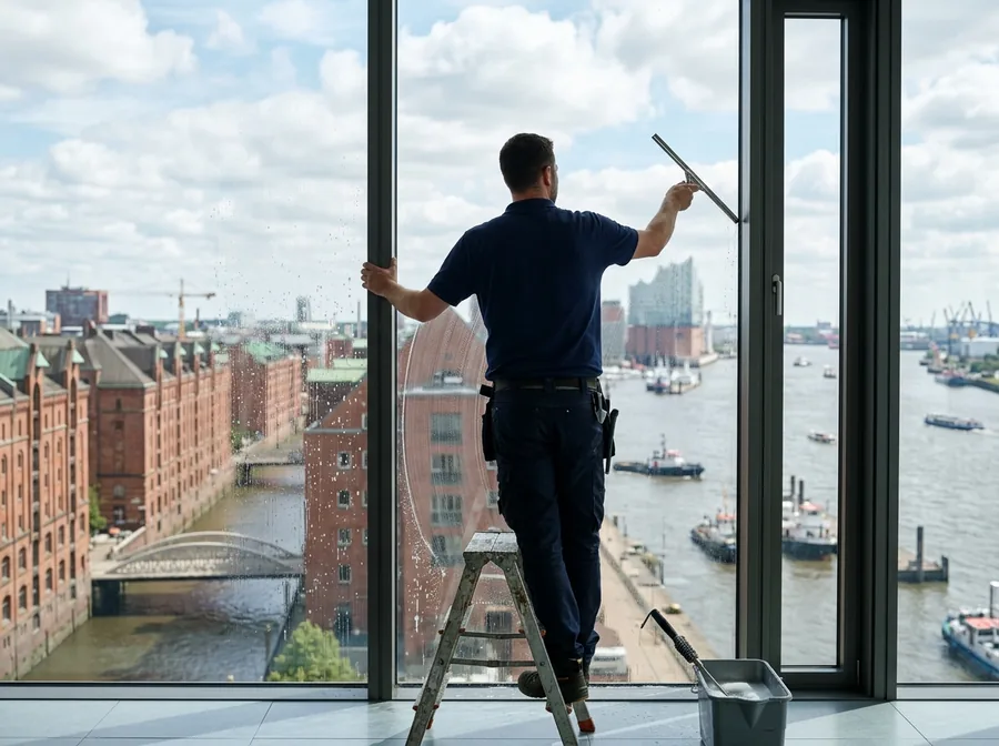 Fensterreinigung an einer Glasfront mit Blick auf die Hamburger Speicherstadt