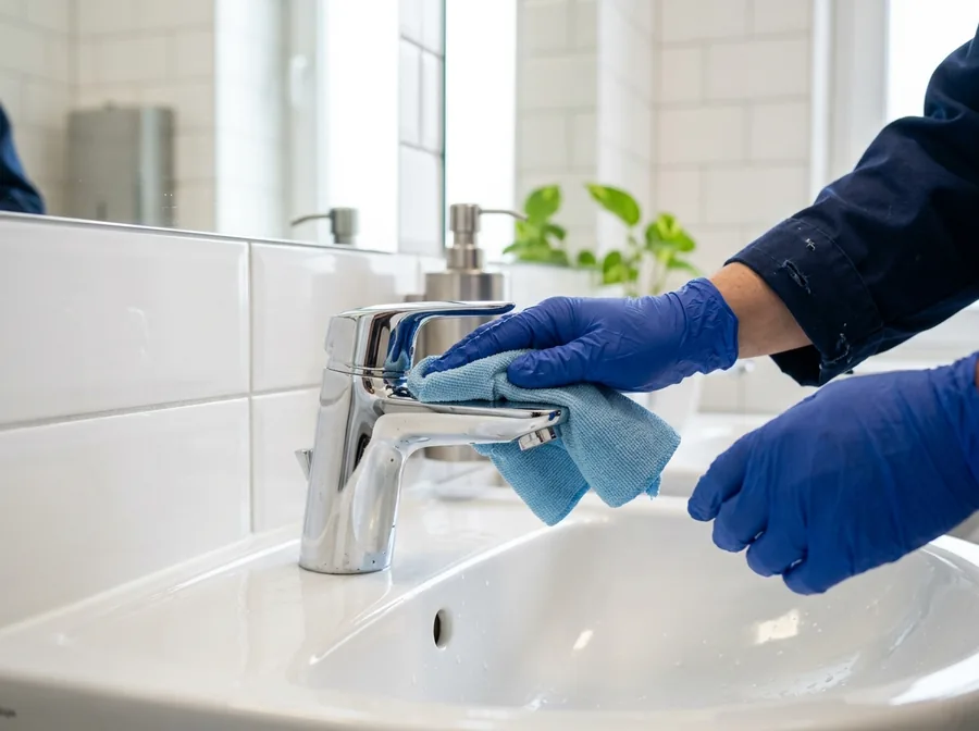 Armatur und Waschbecken werden im Sanitärraum eines Büros gereinigt