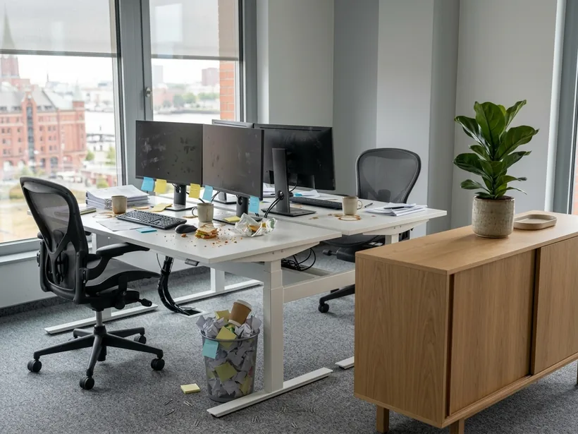 Arbeitsplatz in einem Büro am Ende eines Arbeitstages