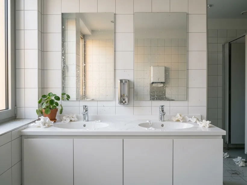 Sanitärraum eines Büros vor der Reinigung