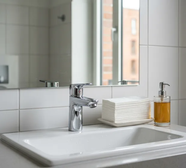 Waschbecken mit Seifenspender und Papierhandtüchern